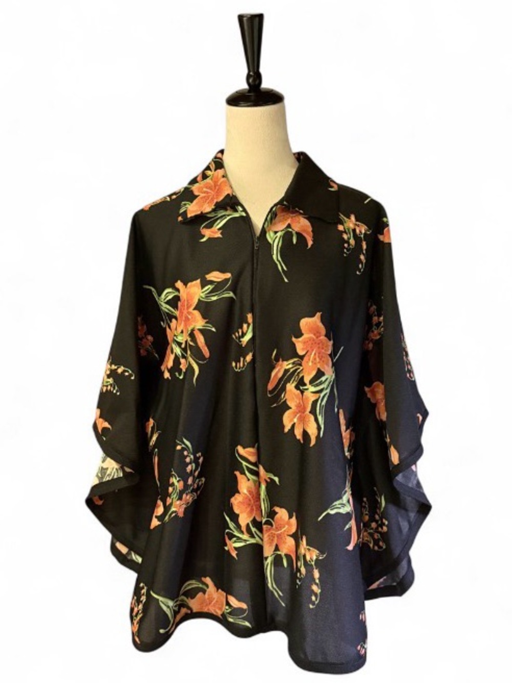 Vintage 70s Floral Smock Top OSFM Half Zip Polyester Black Orange Festival Mod